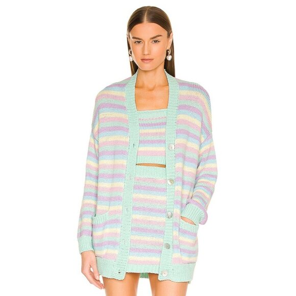 Show Me Your Mumu Pastel Striped Knit 3-Piece Set Cardigan Crop Top & Mini Skirt - Picture 8 of 16